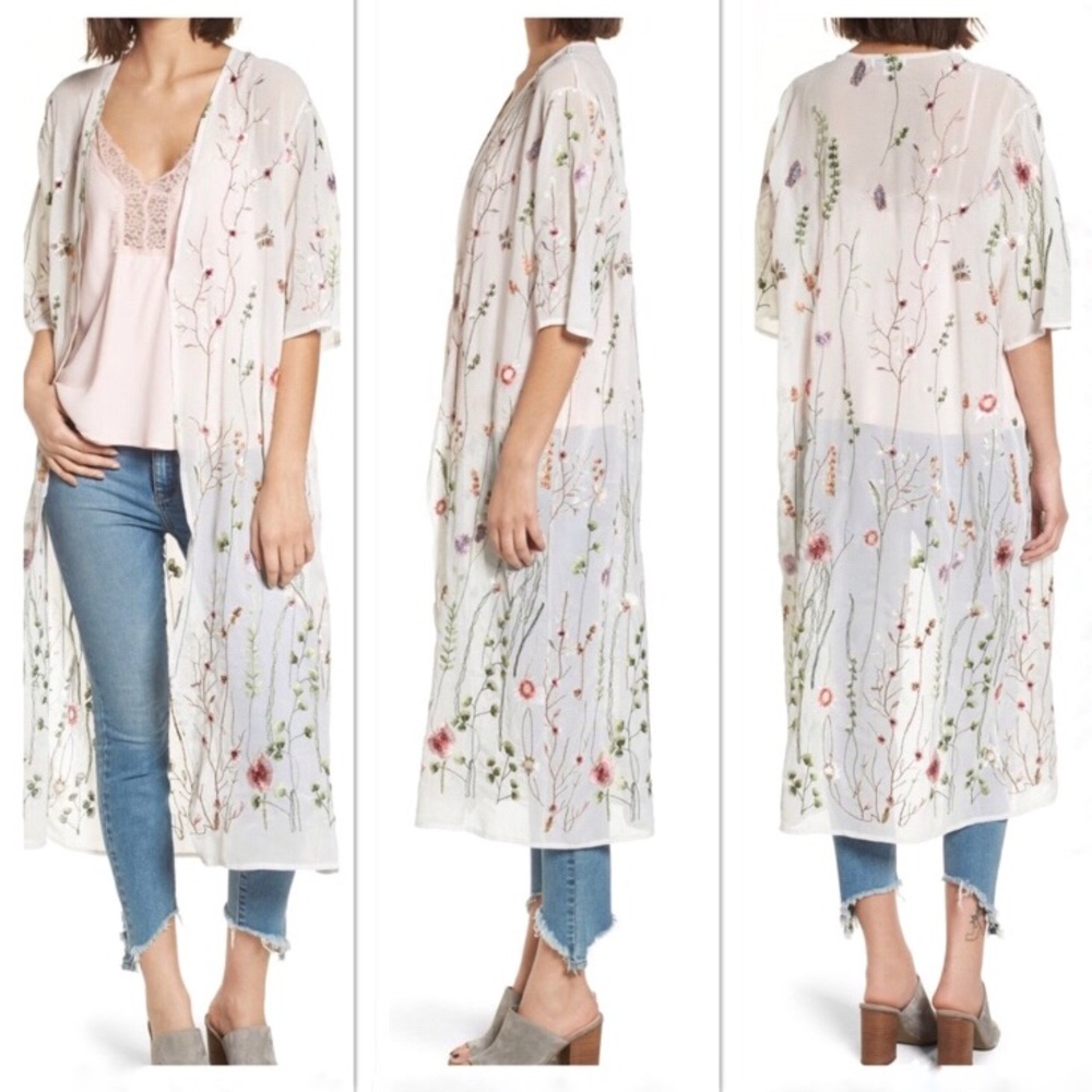 3/$12 Woven Heart Sheer Ivory Floral Embroidered Kimono